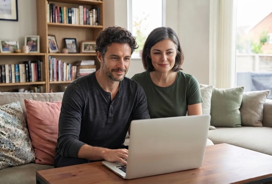 Um casal acompanha um encontro online, sentado no sofá de casa